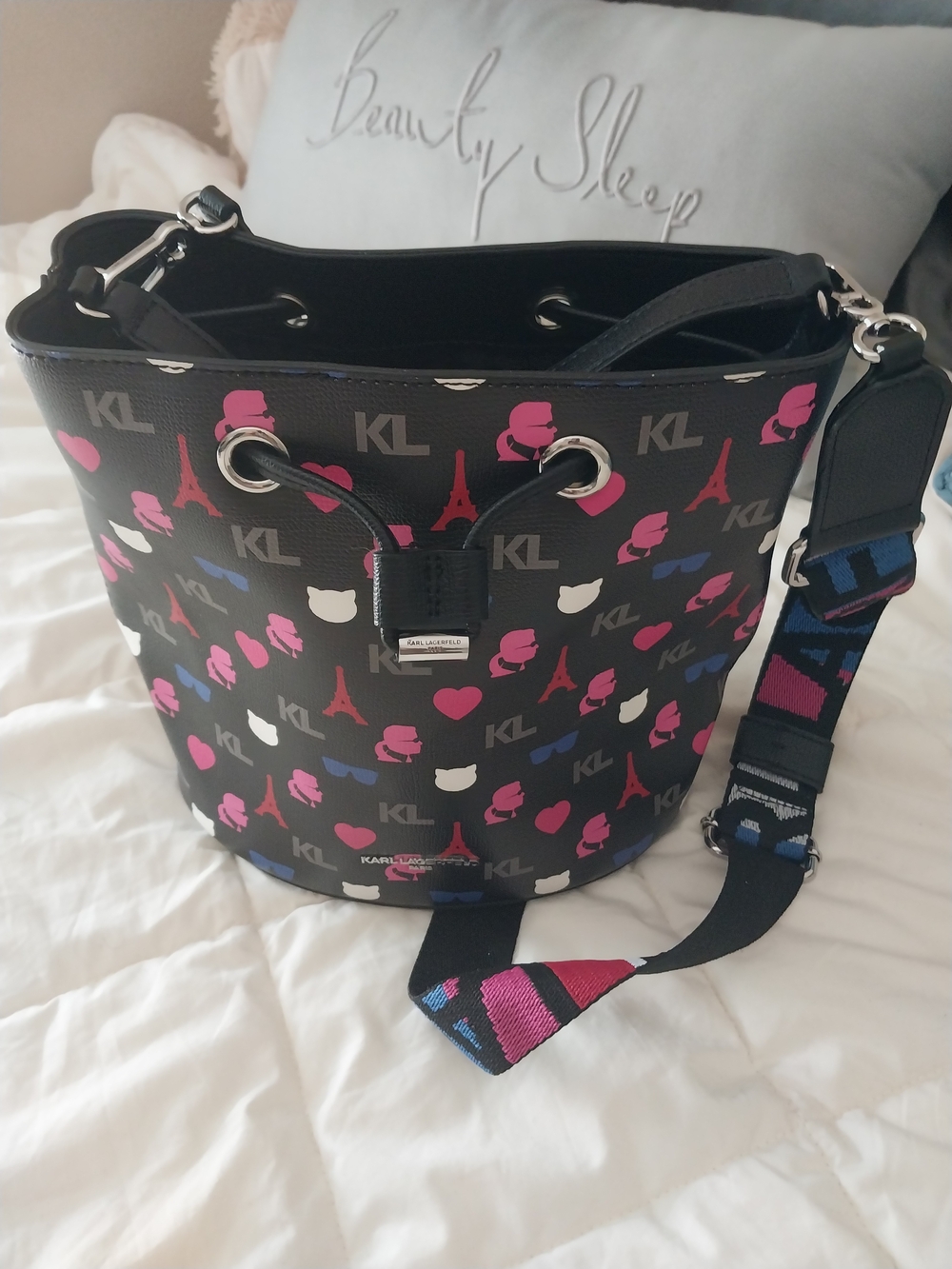 Karl Lagerfeld Black Bucket Bag with Pink & Blue Print